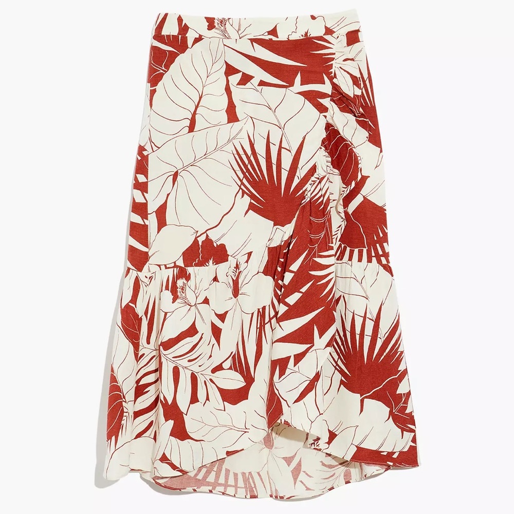 NWT Madewell Linen-Blend Ruffle-Wrap Midi Skirt in Tropical Vacation